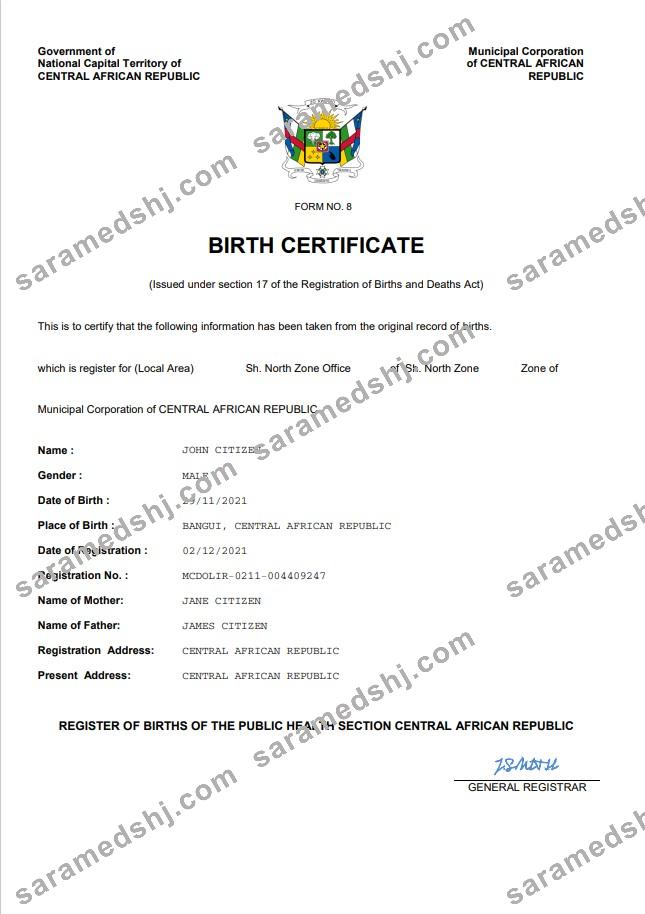 Central African Republic vital record birth certificate Word and PDF template